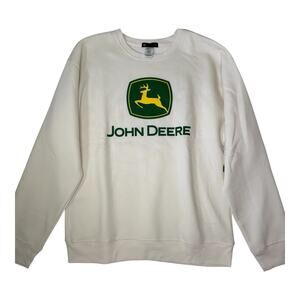 John Deere Sweatshirt Men’s Medium Cream White Crewneck Pullover Logo Vintage